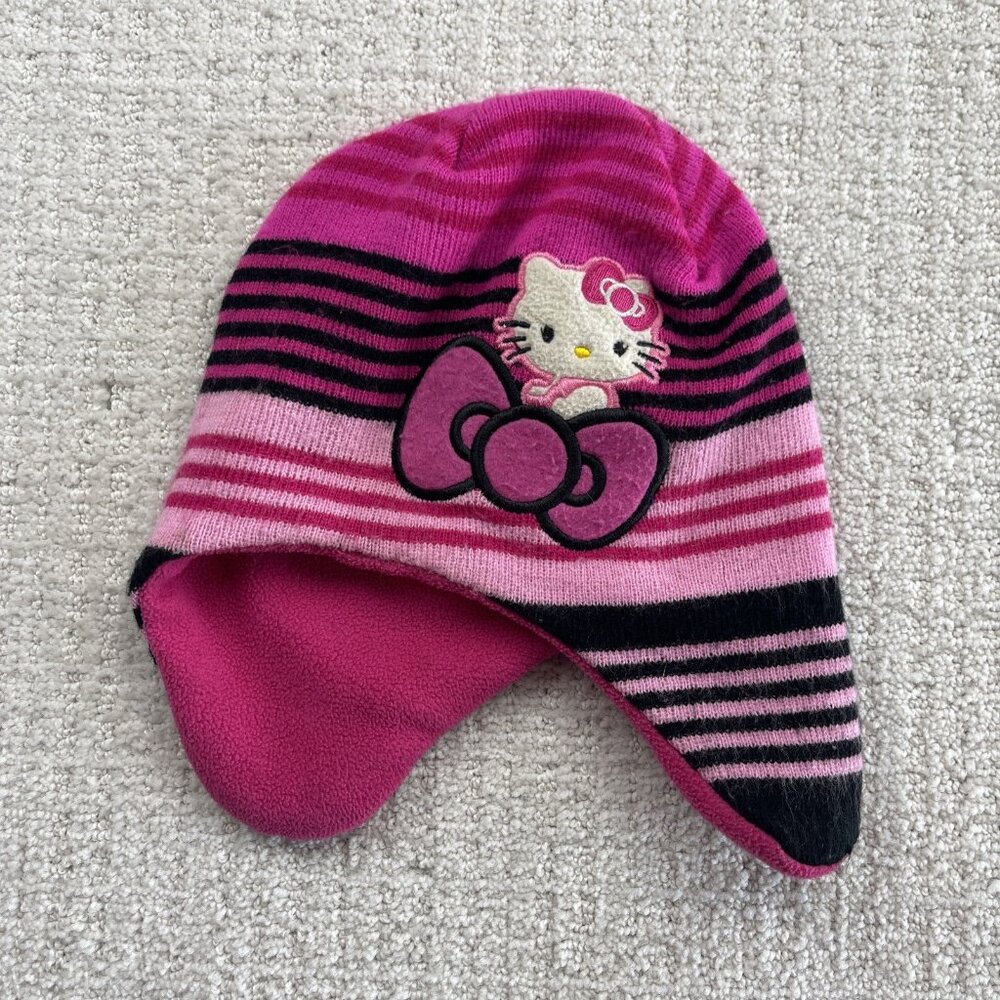 Y2K Hello Kitty Beanie Hat Pink Striped Embroidered Big logo 2000's Grunge Emo